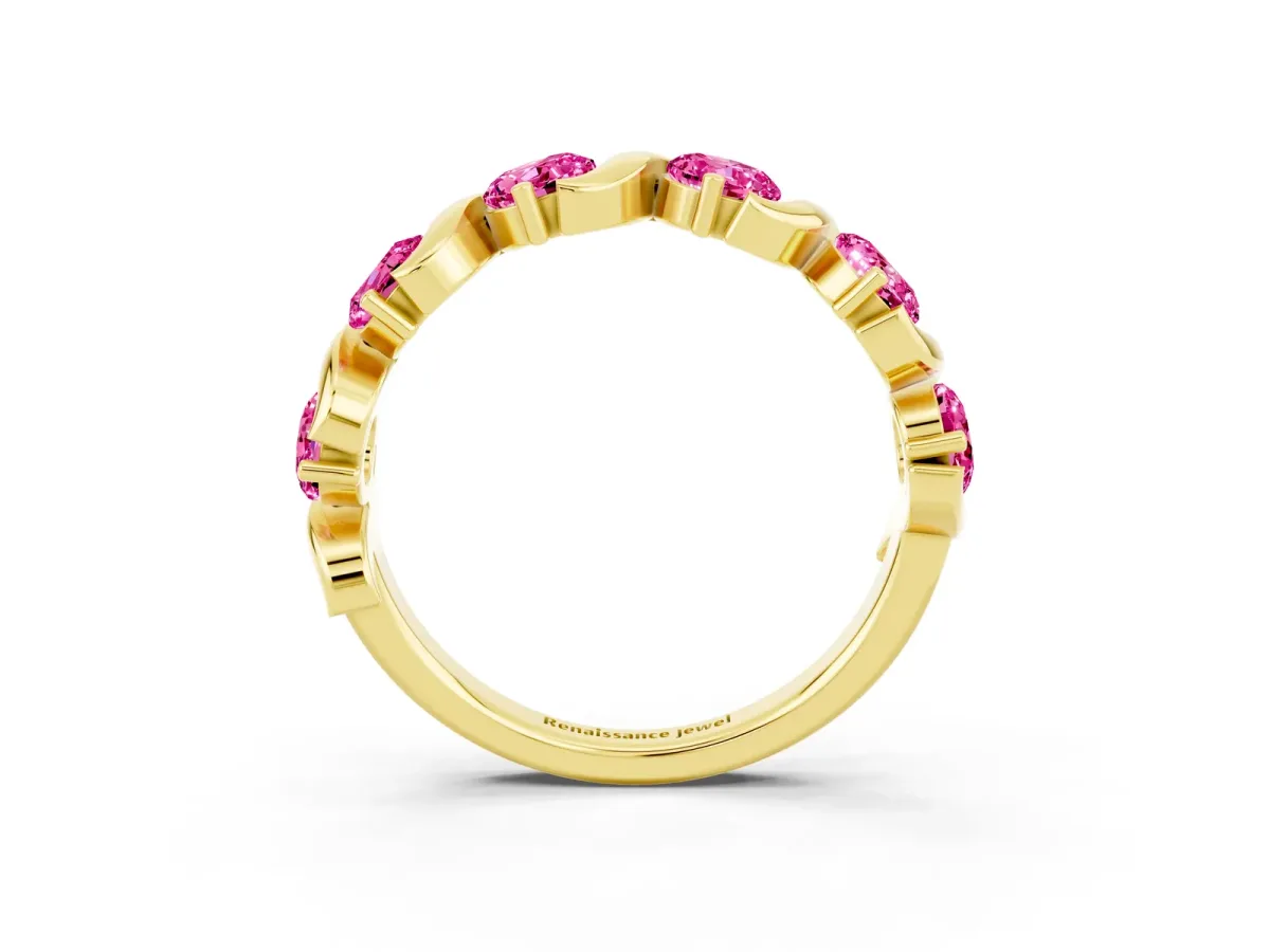 Six-Stone Round Pink Sapphire Wave Band with Shared Prong Setting Yellow gold