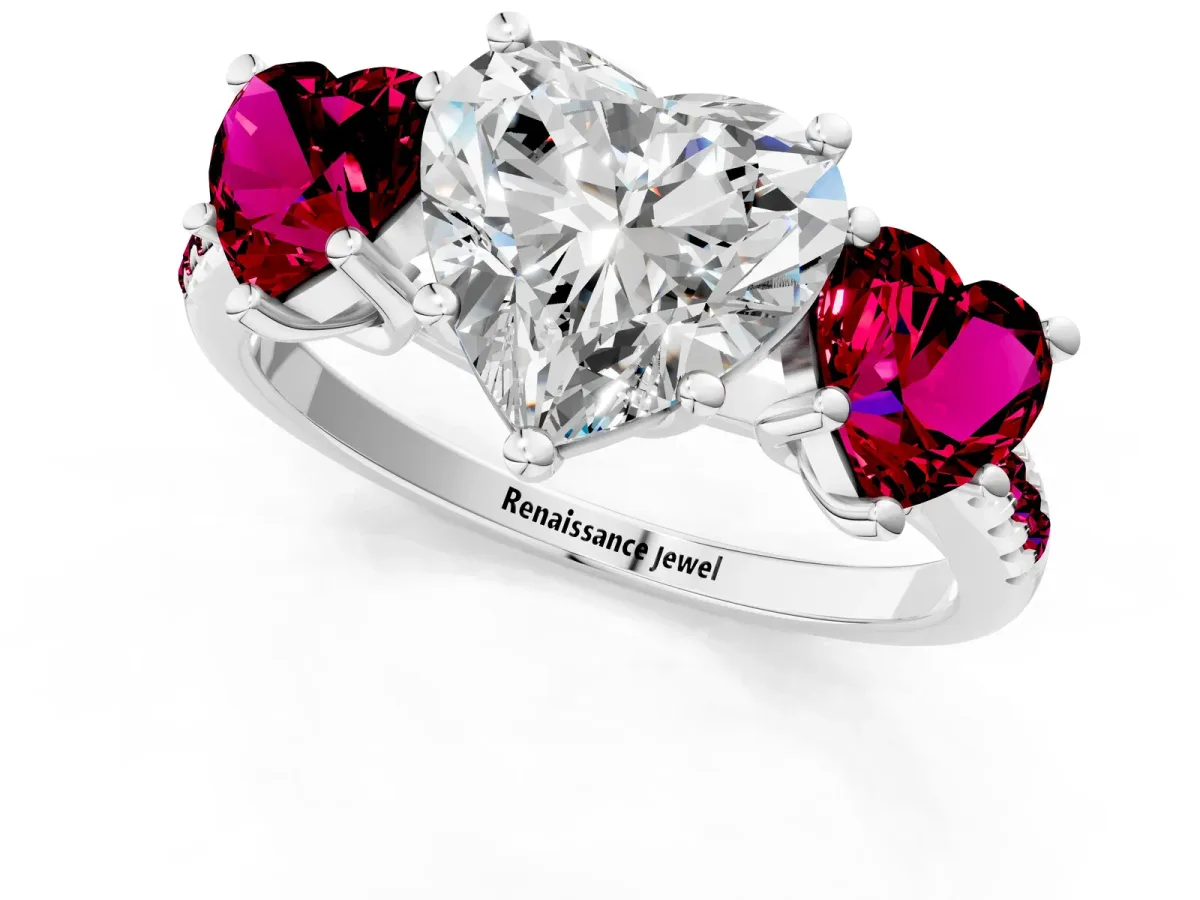 Three-Stone Heart Cut Diamond Ring with Round Garnet Pavé Band and Prong Setting Silver