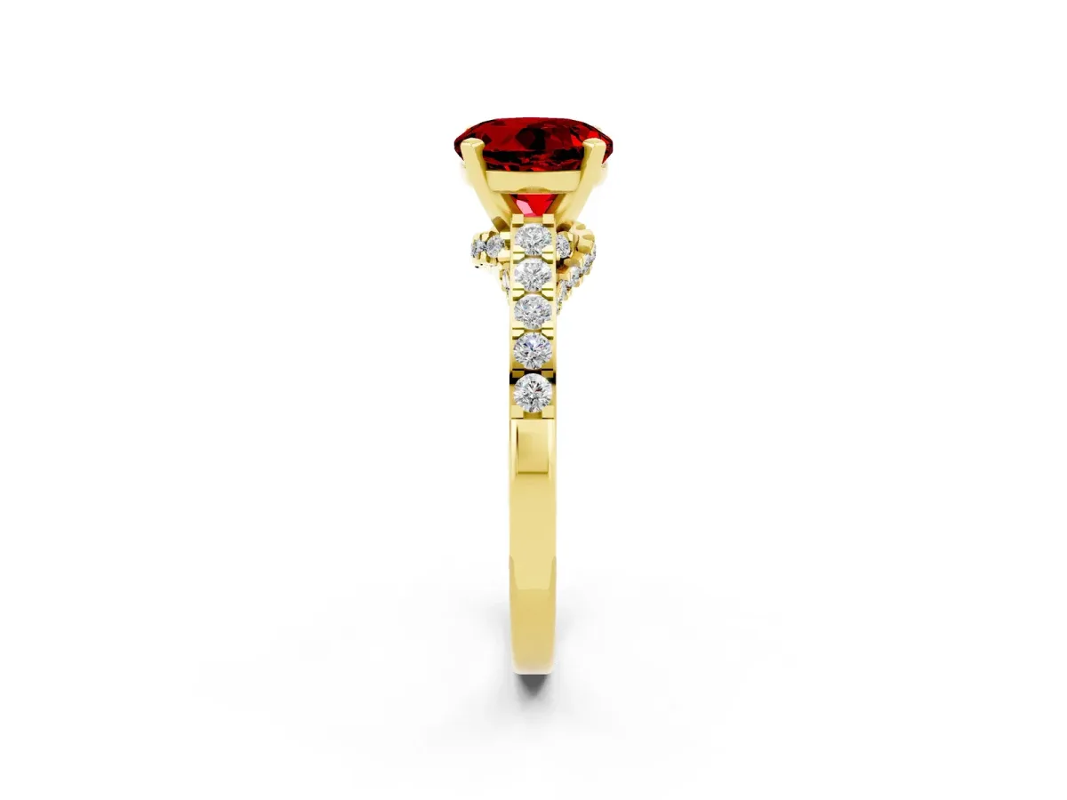 Round Cut Ruby Solitaire Ring with Crossover Gallery and Round Pavé Band Yellow gold