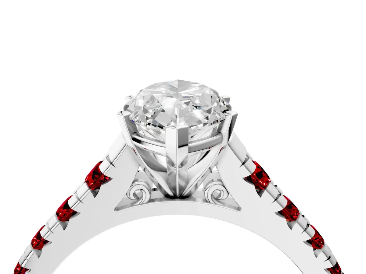 Marquise Cut Diamond Cathedral Solitaire Ring with Round Ruby Pavé Band Platinum