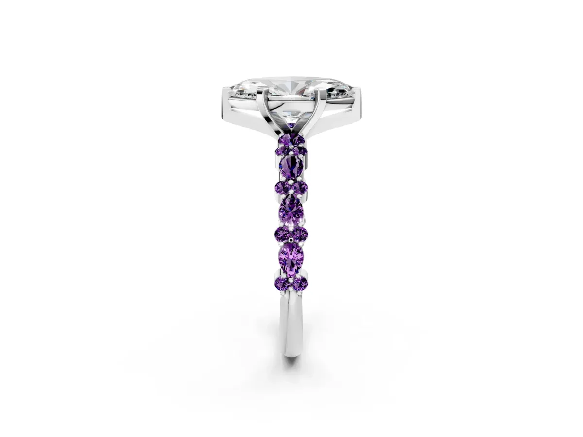 Marquise Cut Diamond Side Stone Solitaire Ring with Round Amethyst and Four-Prong Setting Platinum