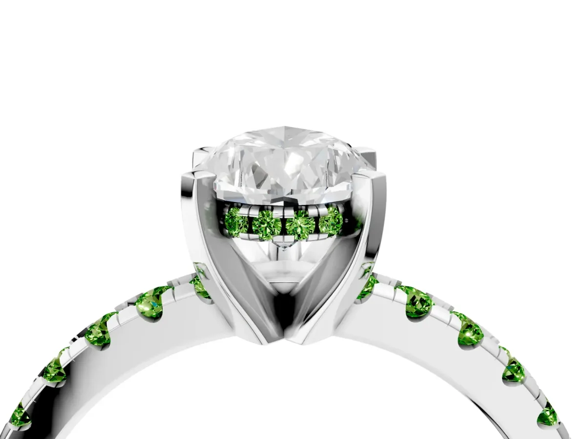 Pear Cut Diamond Solitaire Ring with Round Peridot Pavé Band and Four-Prong Setting Silver