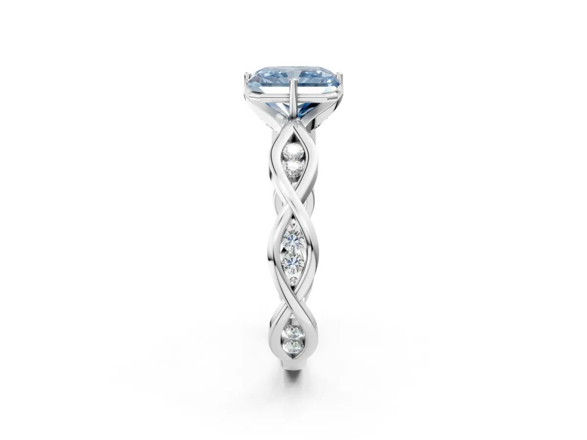 Fancy Blue Radiant Cut Solitaire Twist Band with Leaf Prong Setting Platinum