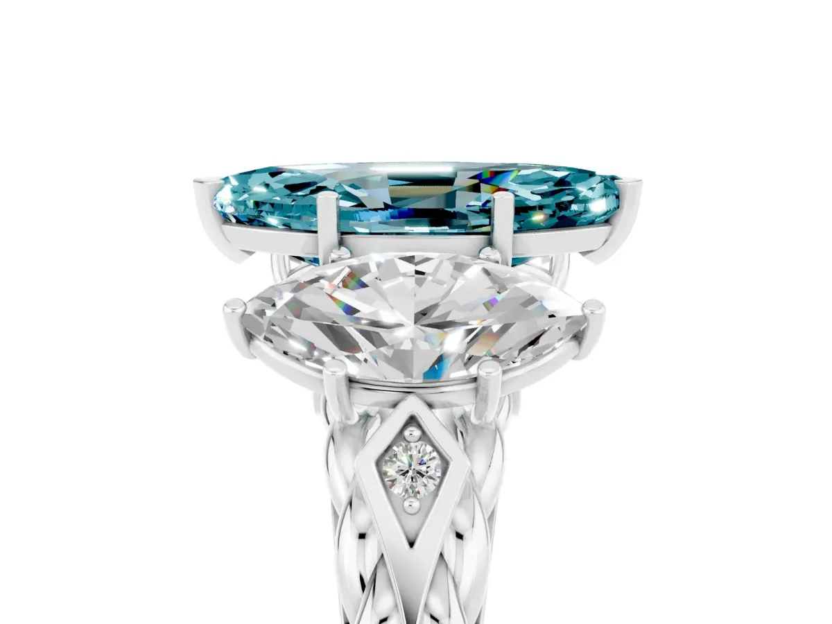 Three-Stone Marquise Cut Blue Topaz Braided Band Ring with Four-Prong Setting Platinum