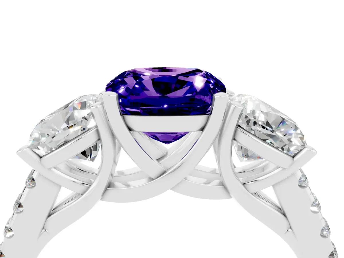 Three-Stone Cushion Cut Tanzanite Ring with Round Pavé Band and Prong Setting Silver