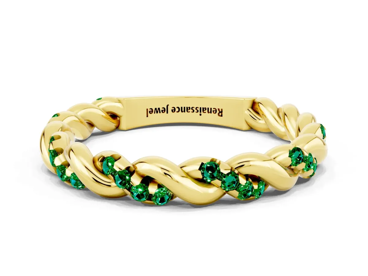 Twisted Pavé Round Emerald Eternity Band Yellow gold