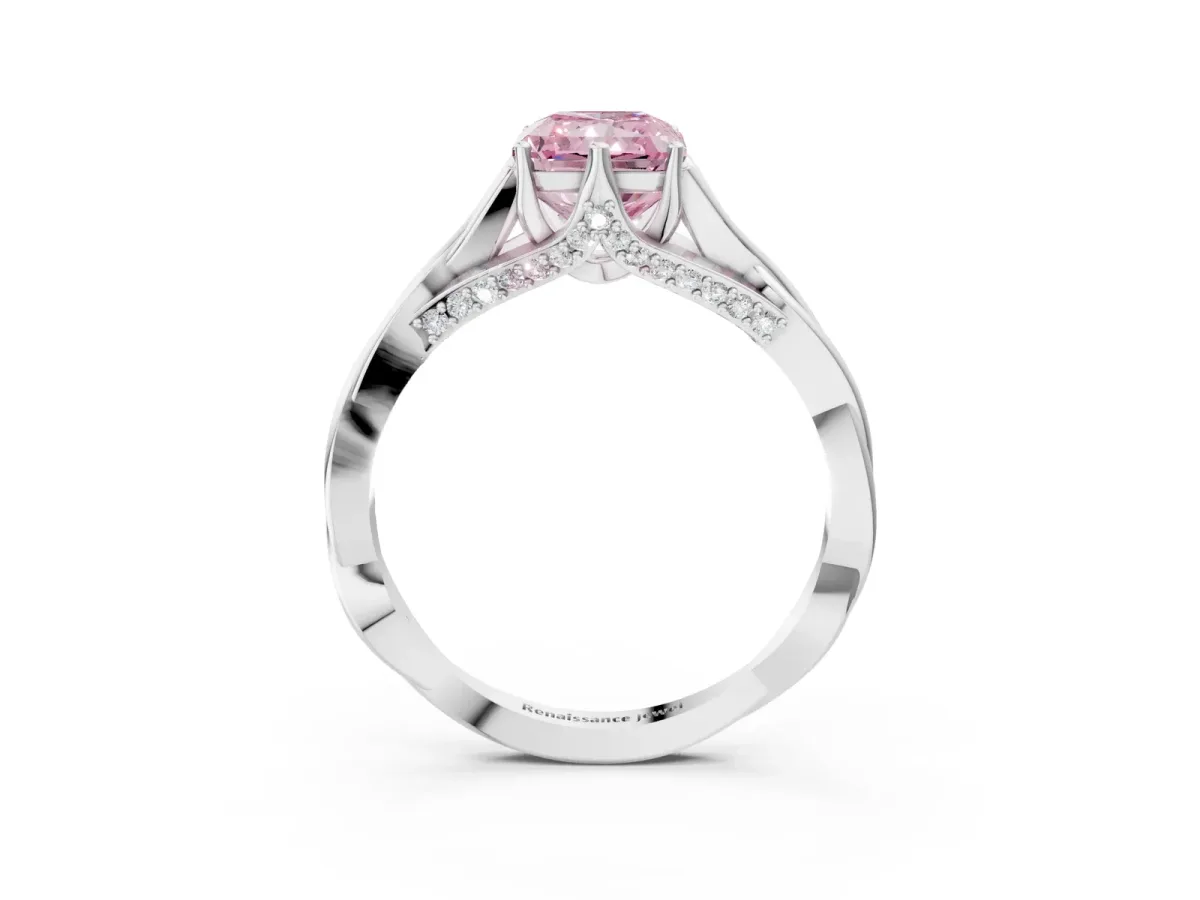 Fancy Pink Radiant Cut Solitaire Twist Band Six-Prong Setting Platinum