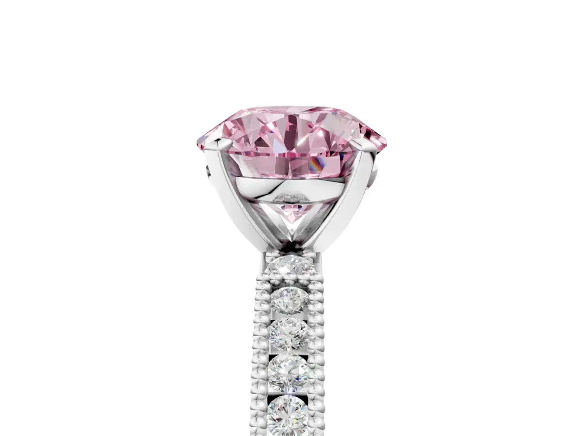 Fancy Pink Round Cut Solitaire with Pavé Band and Four-Prong Setting Silver