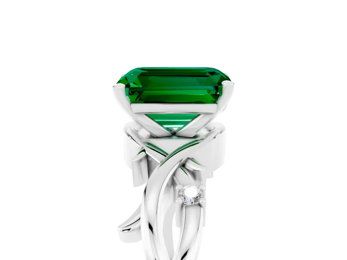 Emerald Cut Emerald Solitaire Ring with Twisted Band and Prong Setting Platinum