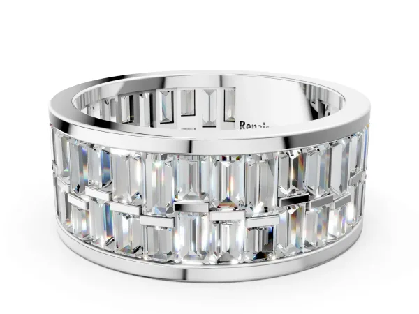 Baguette Diamond Staggered Two-Row Mens Band Platinum