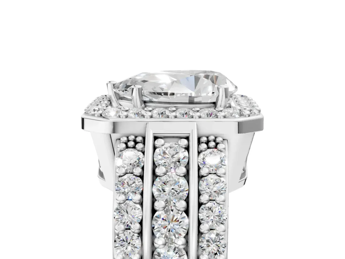 Pear Cut Halo Diamond Ring with Round Split Shank and Prong Setting Platinum