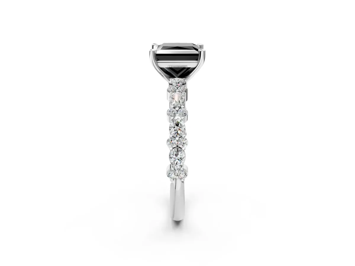 Fancy Black Princess Cut Diamond Side Stone Solitaire Ring with Round and Four-Prong Setting White gold