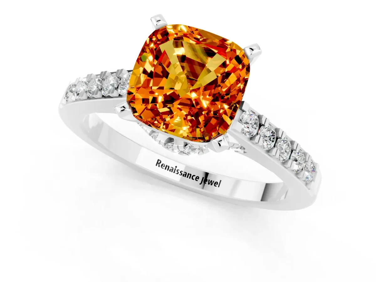 Cushion Cut Citrine Solitaire Ring with Crossover Gallery and Round Pavé Band Silver
