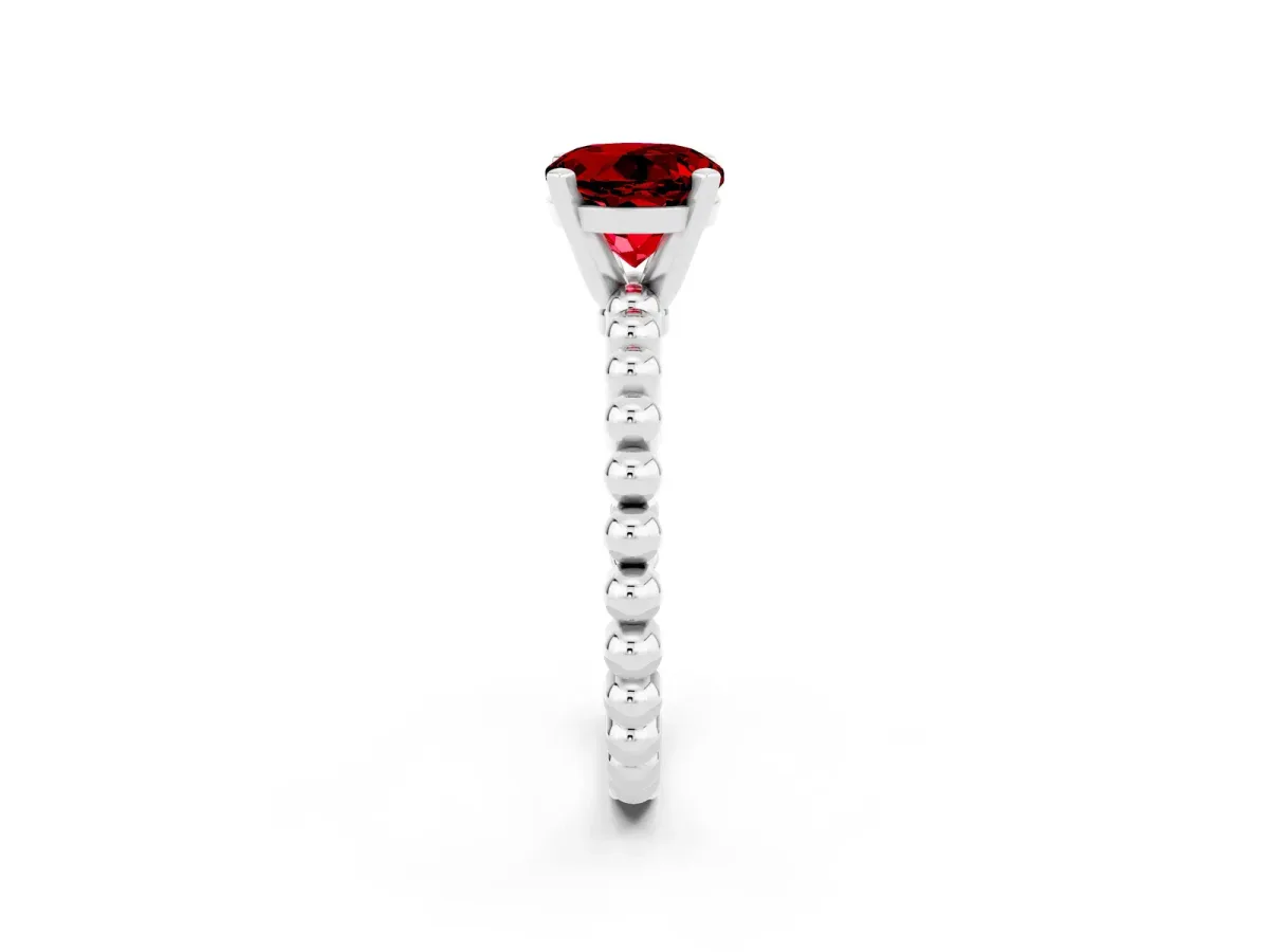 Round Cut Ruby Solitaire Ring with Beaded Band and Prong Setting Silver