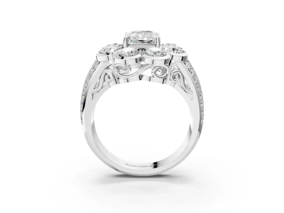 Radiant Cut Brilliant Flower Halo Diamond Split Shank Ring Platinum