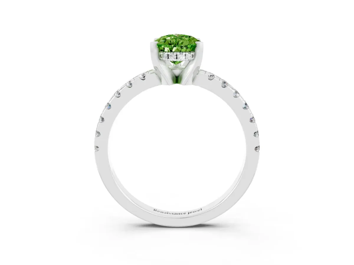 Pear Cut Peridot Solitaire Ring with Round Pavé Band and Four-Prong Setting Silver