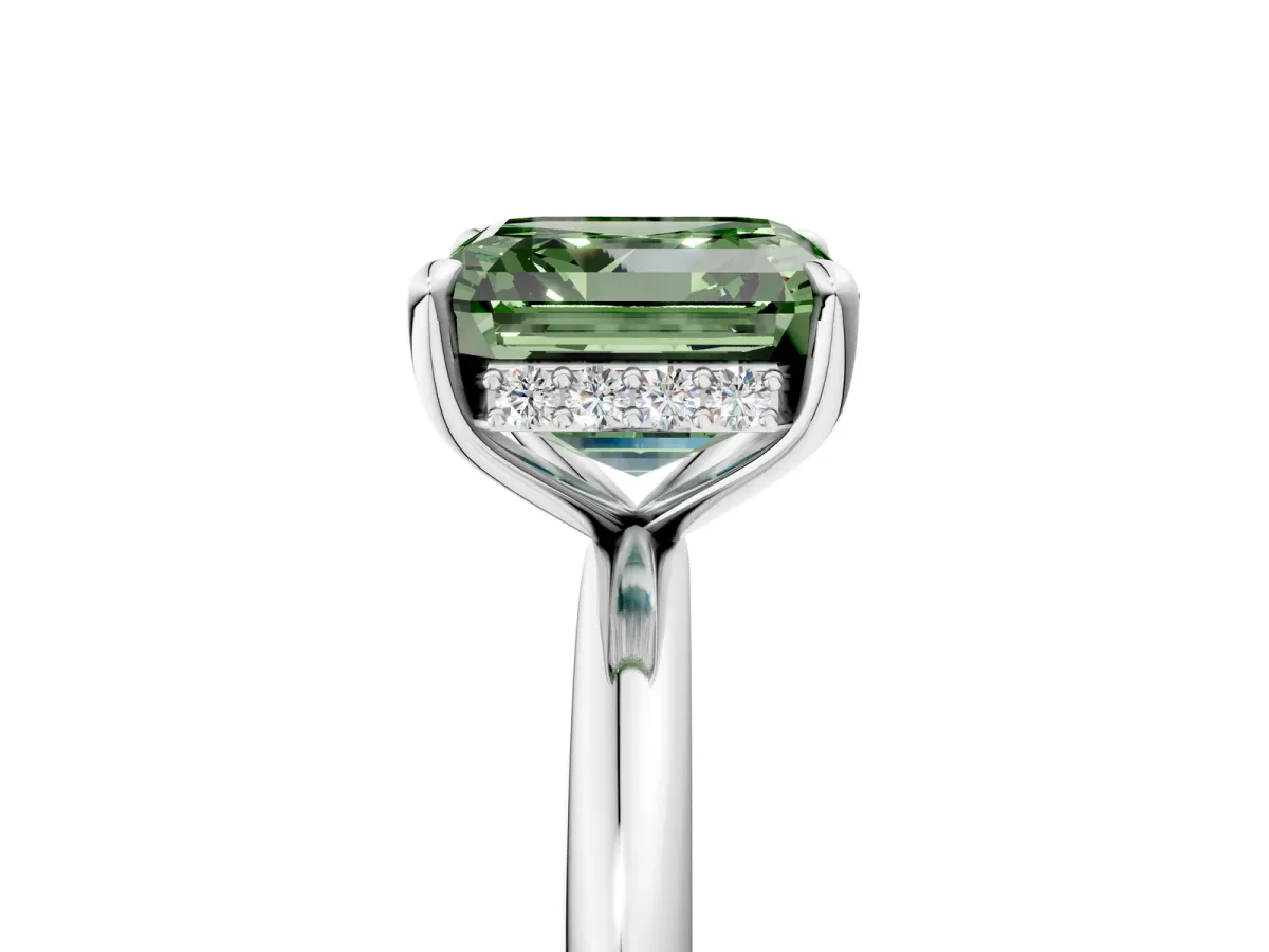 Fancy Green Asscher Cut Diamond Solitaire Ring with Thin Band and Four-Prong Setting Platinum