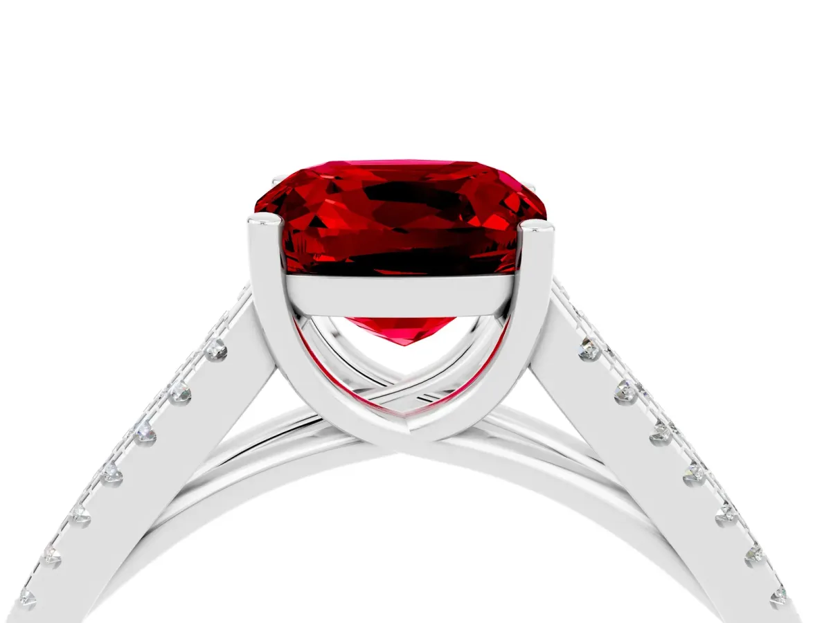 Cushion Cut Ruby Solitaire Engagement Ring with Split Shank Pavé Band Silver