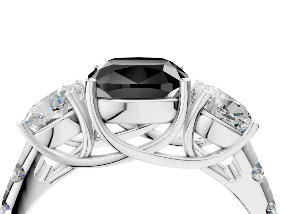 Fancy Black Three-Stone Cushion Cut Diamond Pavé Band with Prong Setting Platinum