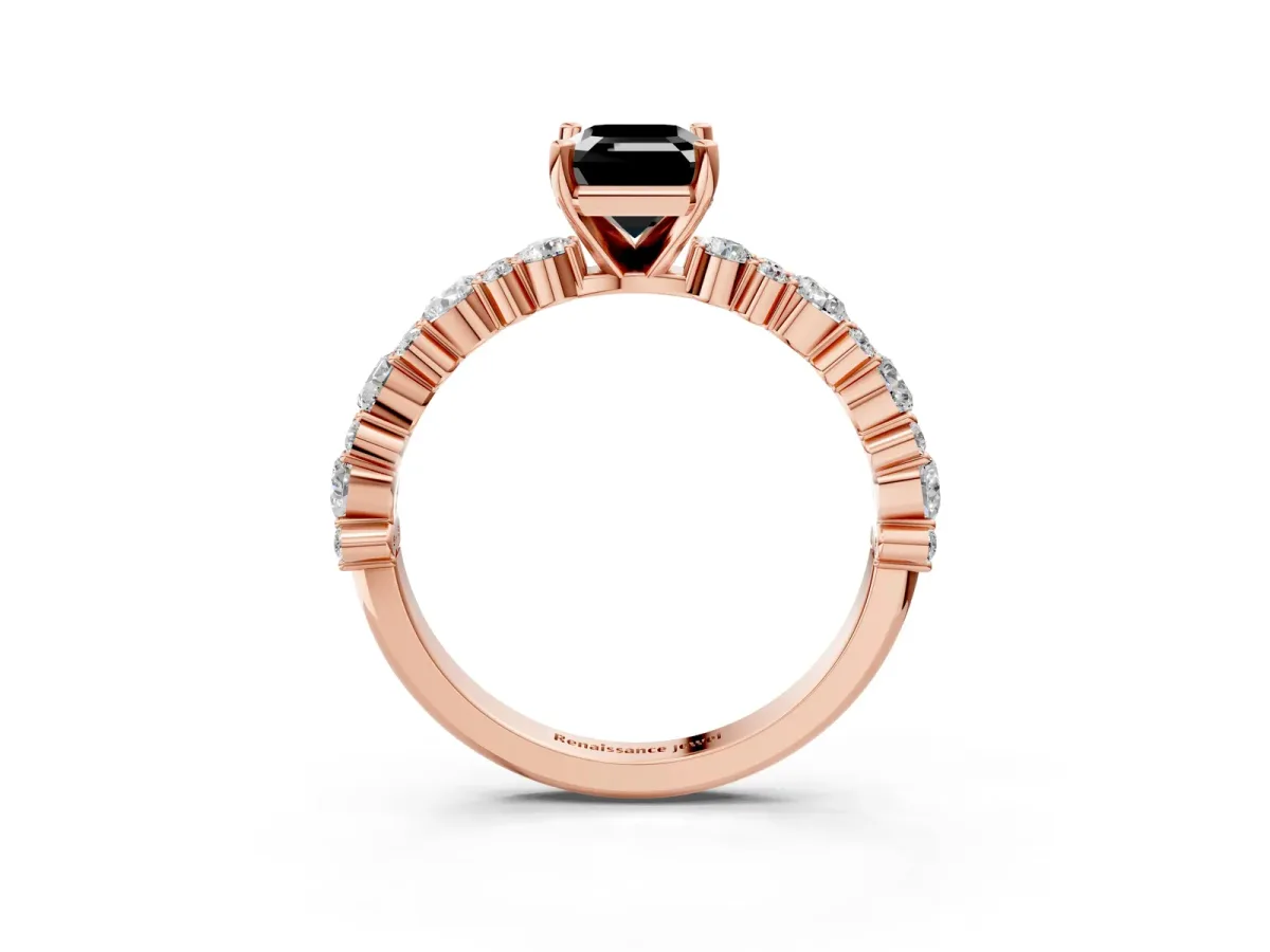 Fancy Black Emerald Cut Diamond Side Stone Solitaire Ring with Round and Four-Prong Setting Rose gold