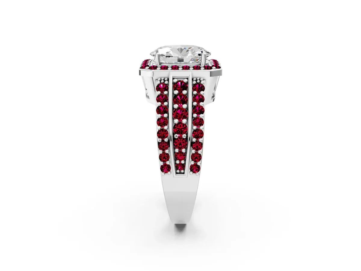 Oval Cut Halo Diamond Ring with Round Garnet Split Shank and Prong Setting Silver