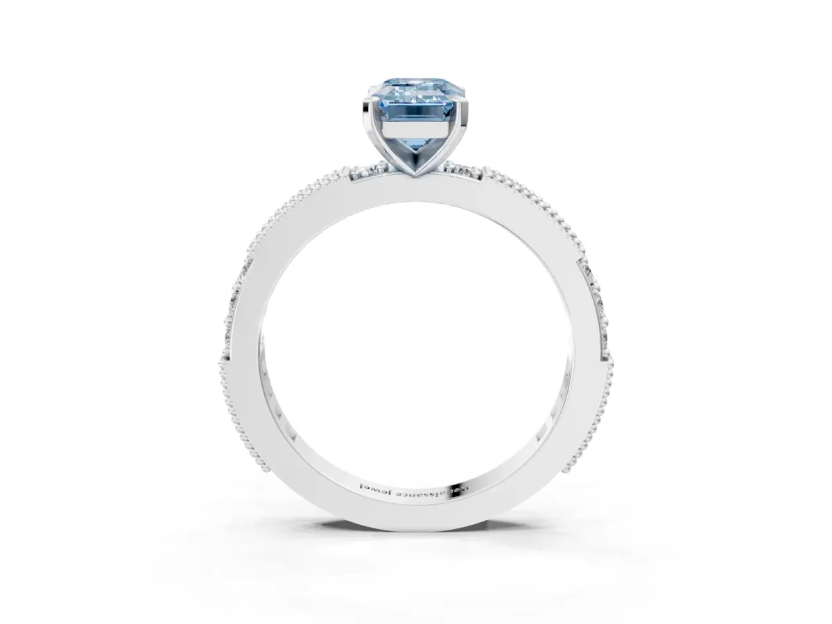 Fancy Blue Emerald Cut Solitaire with Pavé Band and Four-Prong Setting Silver