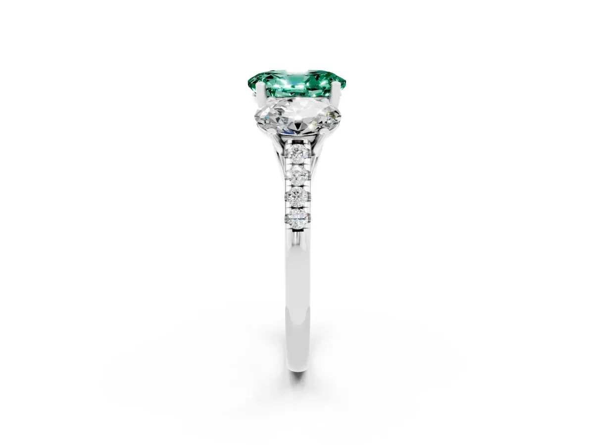 Three-Stone Oval Cut Green Sapphire Ring with Round Pavé Band and Prong Setting Silver