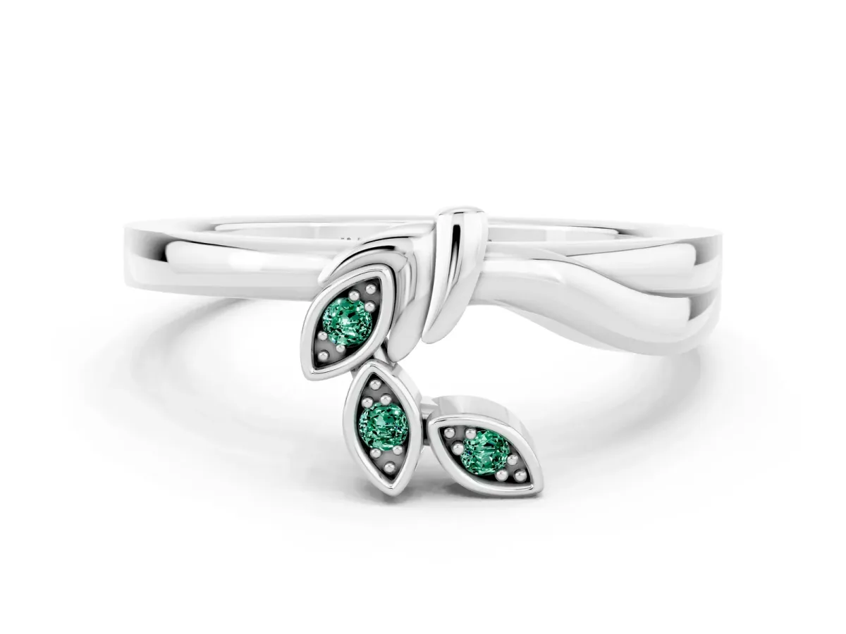 Three-Stone Round Green Sapphire Leaf Bypass Ring with Bezel Setting White gold