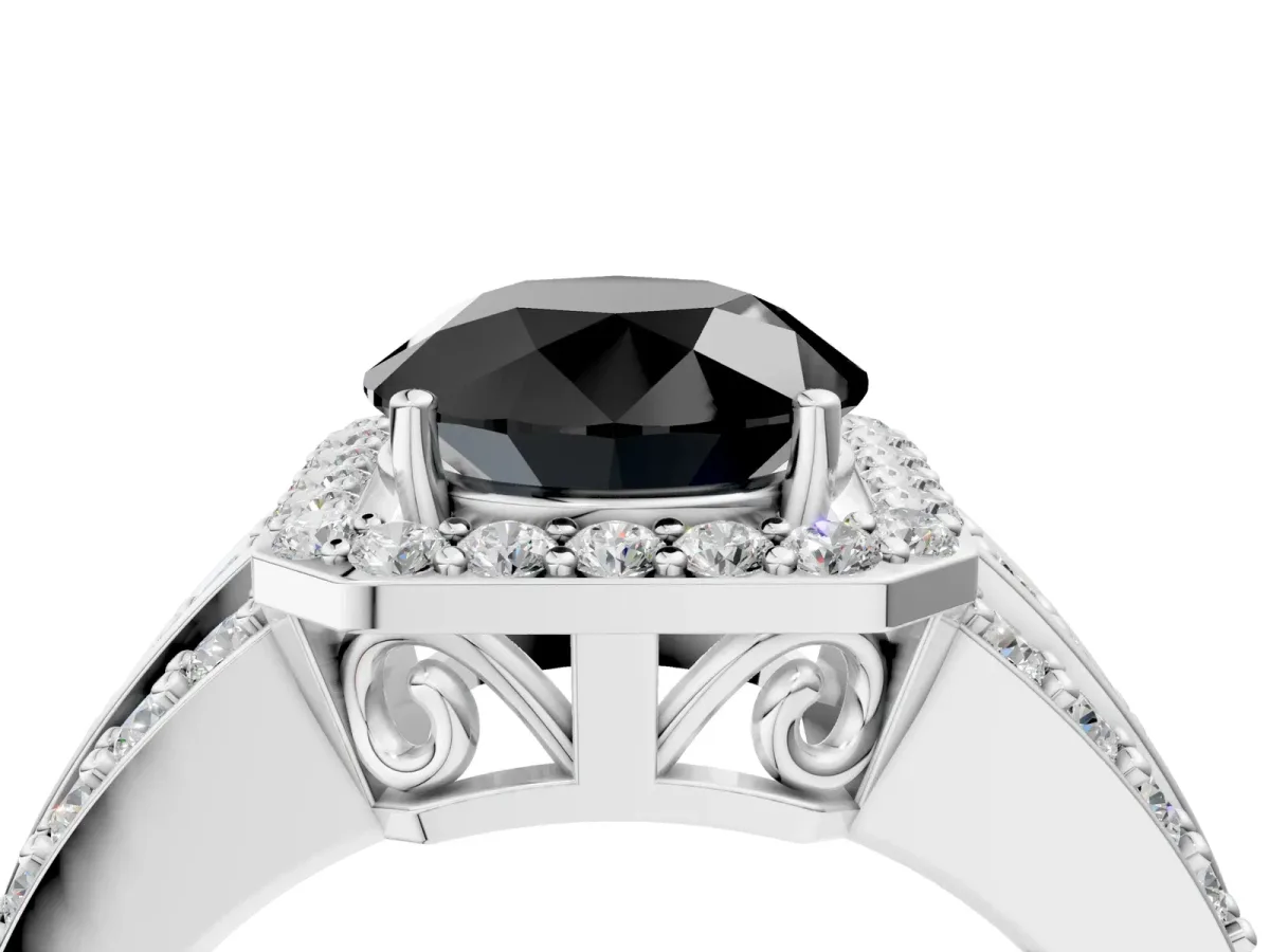 Fancy Black Round Cut Halo Diamond Ring with Round Split Shank and Prong Setting Platinum