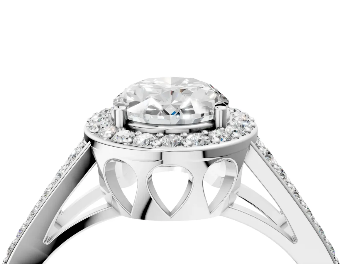 Oval Cut Diamond Halo Ring with Split Shank U-Prong Band and Four-Prong Setting Silver