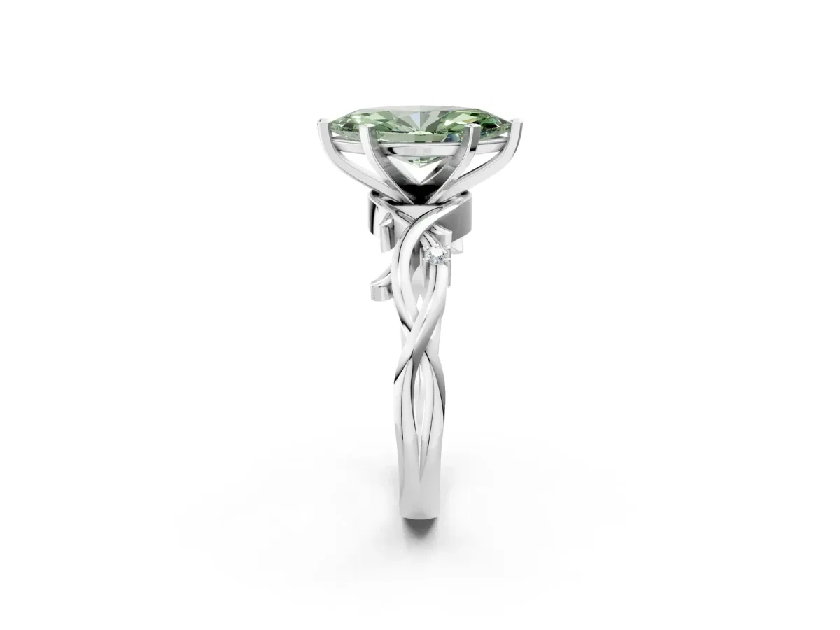 Fancy Green Marquise Cut Diamond Solitaire Ring with Twisted Band and Prong Setting Silver