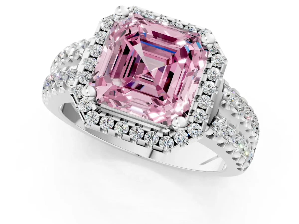 Fancy Pink Asscher Cut Halo Diamond Split Shank Engagement Ring with Prong Setting Platinum
