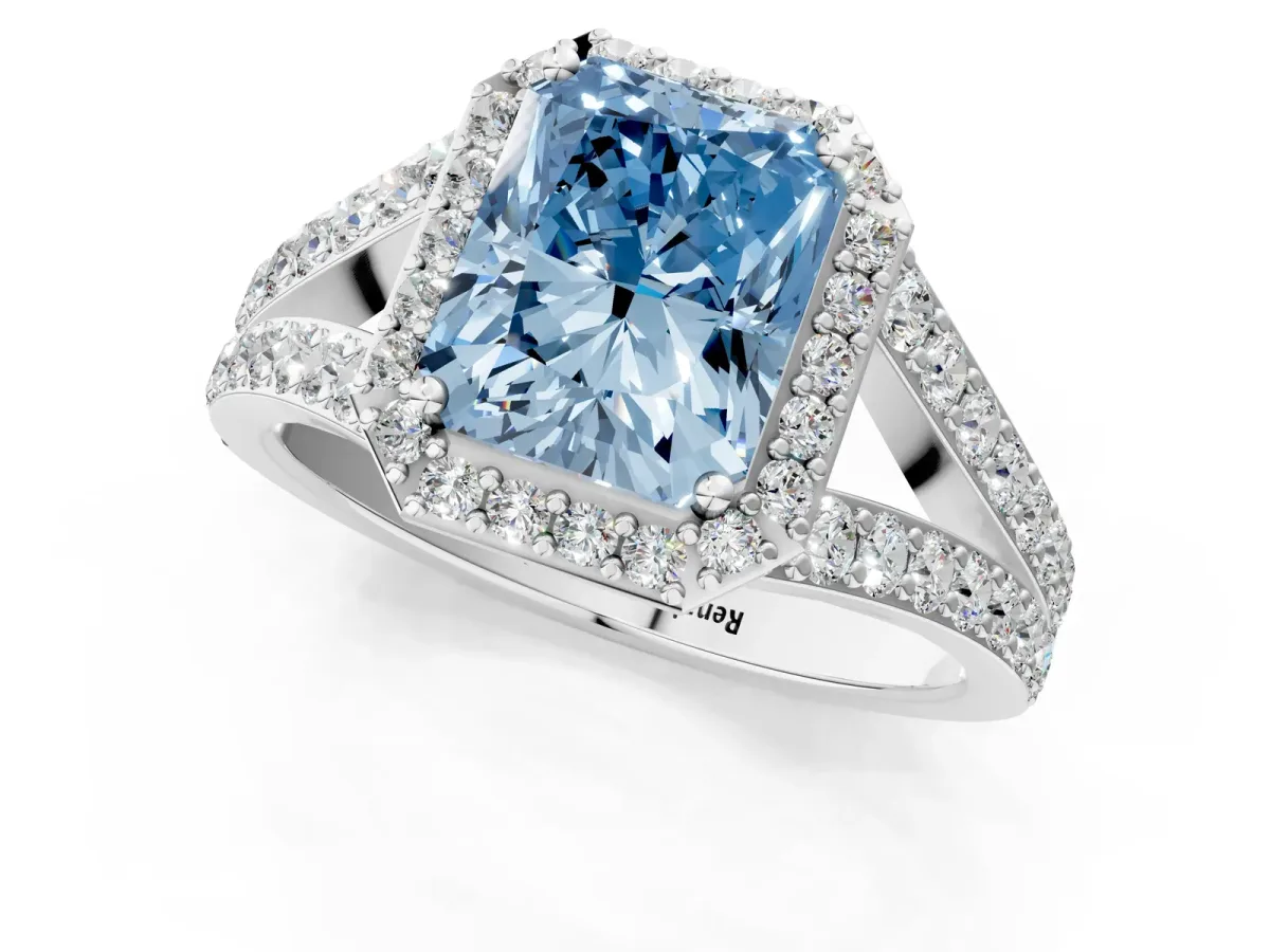 Fancy Blue Radiant Cut Diamond Split Shank Halo Ring with Four-Prong Setting Platinum
