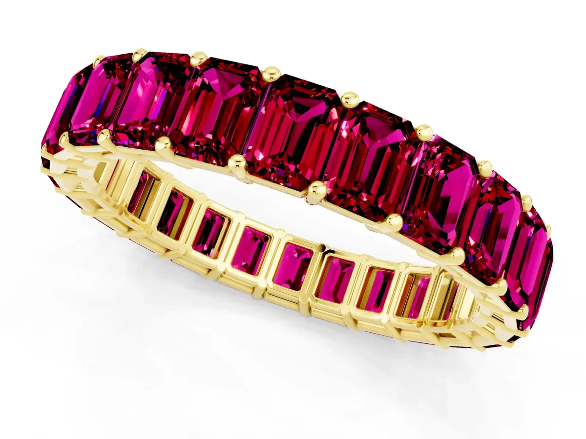Emerald Cut Garnet Eternity Band with Shared Prong Setting Yellow gold