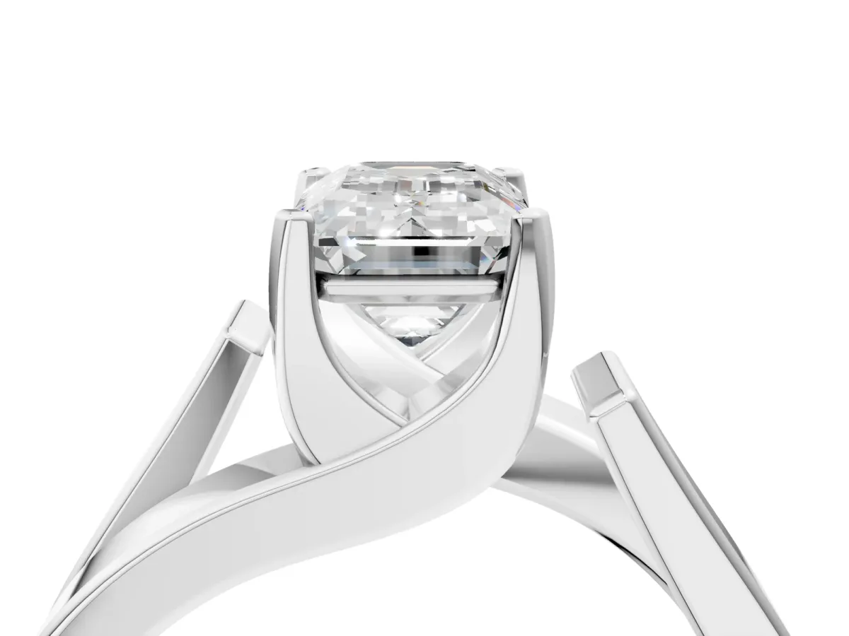 Modern Tension Set Emerald Cut Diamond Solitaire Wide Band Ring Platinum