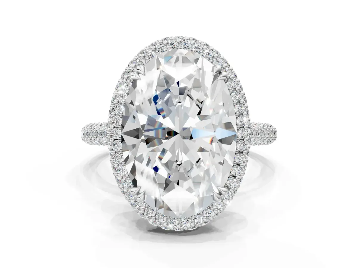 Oval Diamond Halo Ring with Round Diamond Accents Silver
