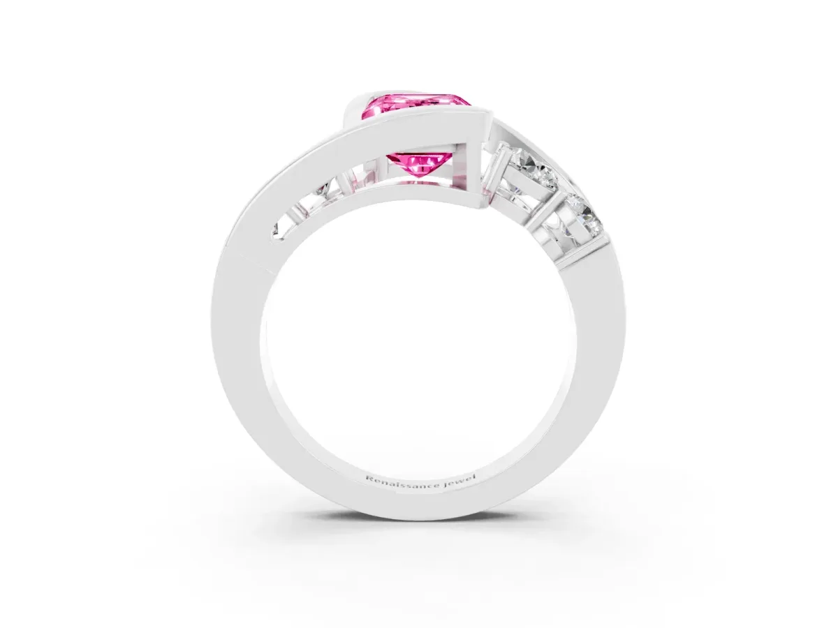 Bezel Set Emerald Cut Pink Sapphire Bypass Ring with Round Accents Platinum