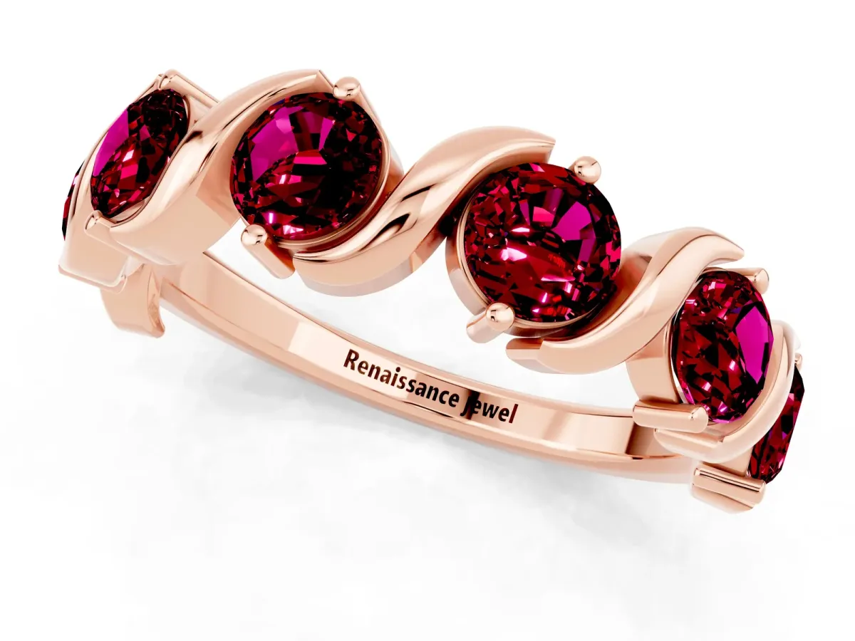 Six-Stone Round Garnet Wave Band with Shared Prong Setting Rose gold