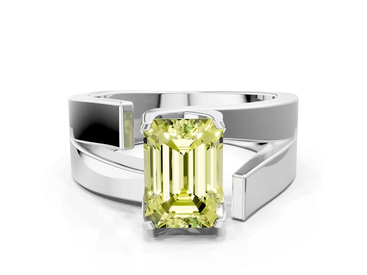Fancy Yellow Modern Tension Set Emerald Cut Diamond Solitaire Wide Band Ring Silver