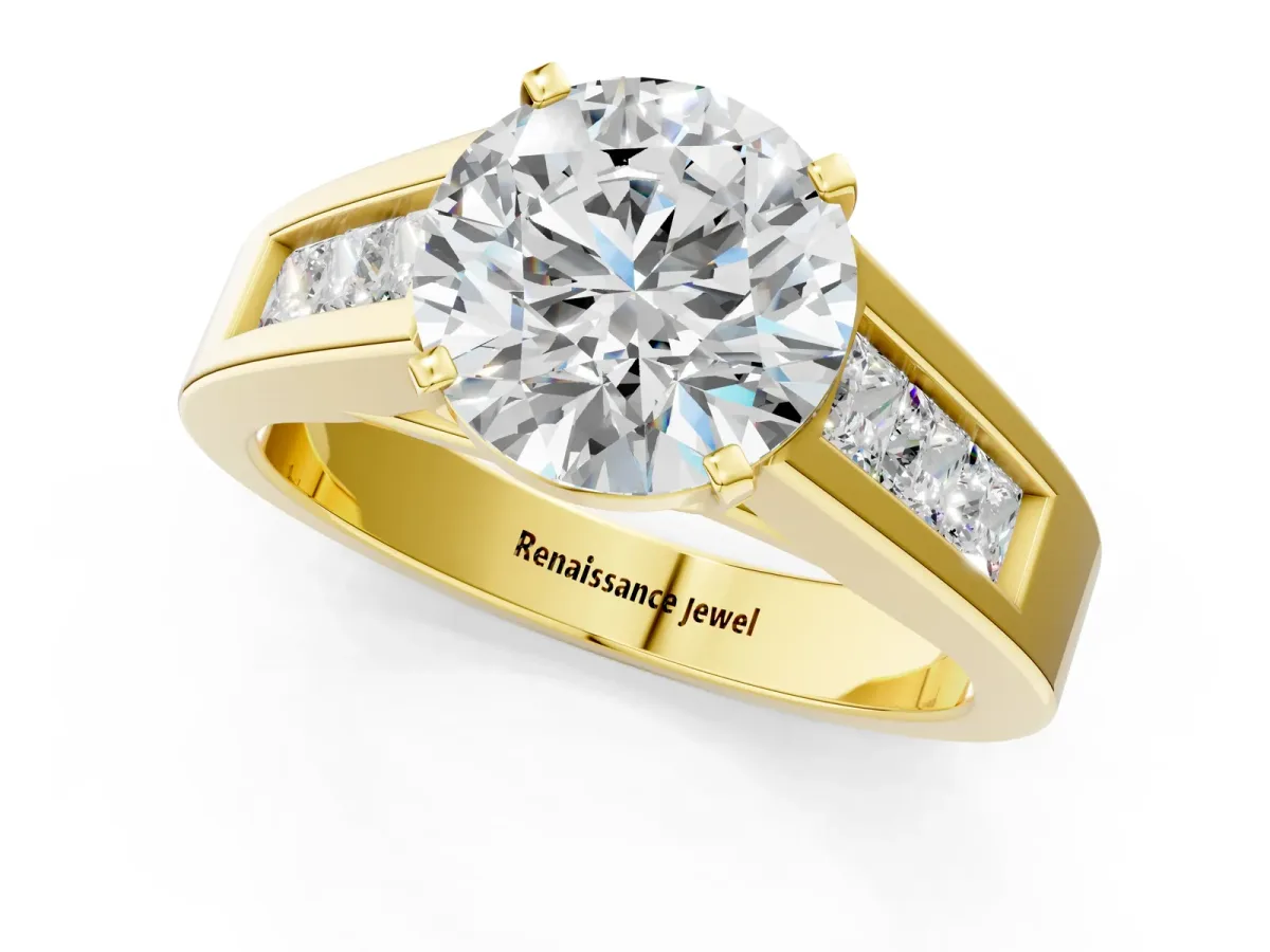 Round Cut Cut Channel Set Solitaire Ring with Four-Prong Setting Yellow gold