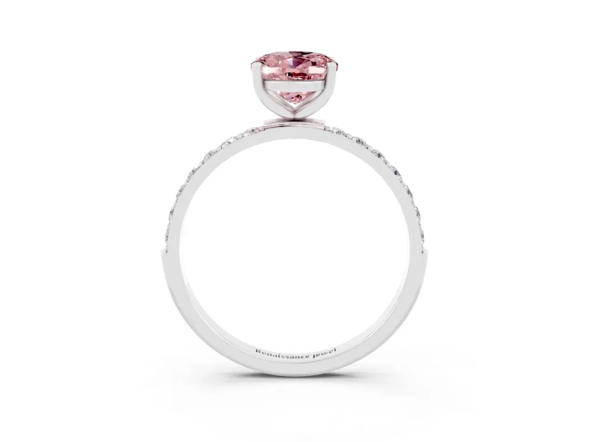 Oval Cut Morganite Solitaire Ring with Round Pavé Band and Prong Setting Platinum