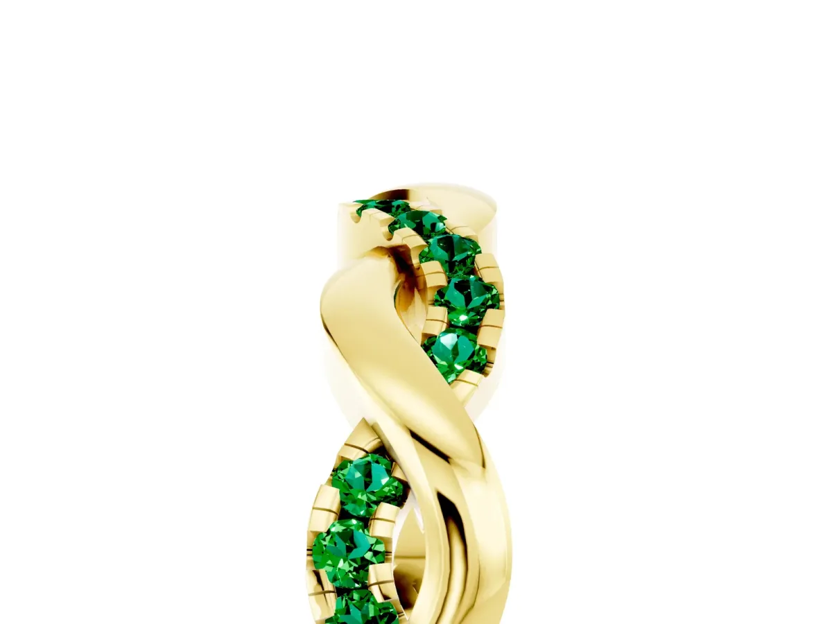 Pavé Round Emerald Twist Eternity Band with Shared Prong Setting Yellow gold