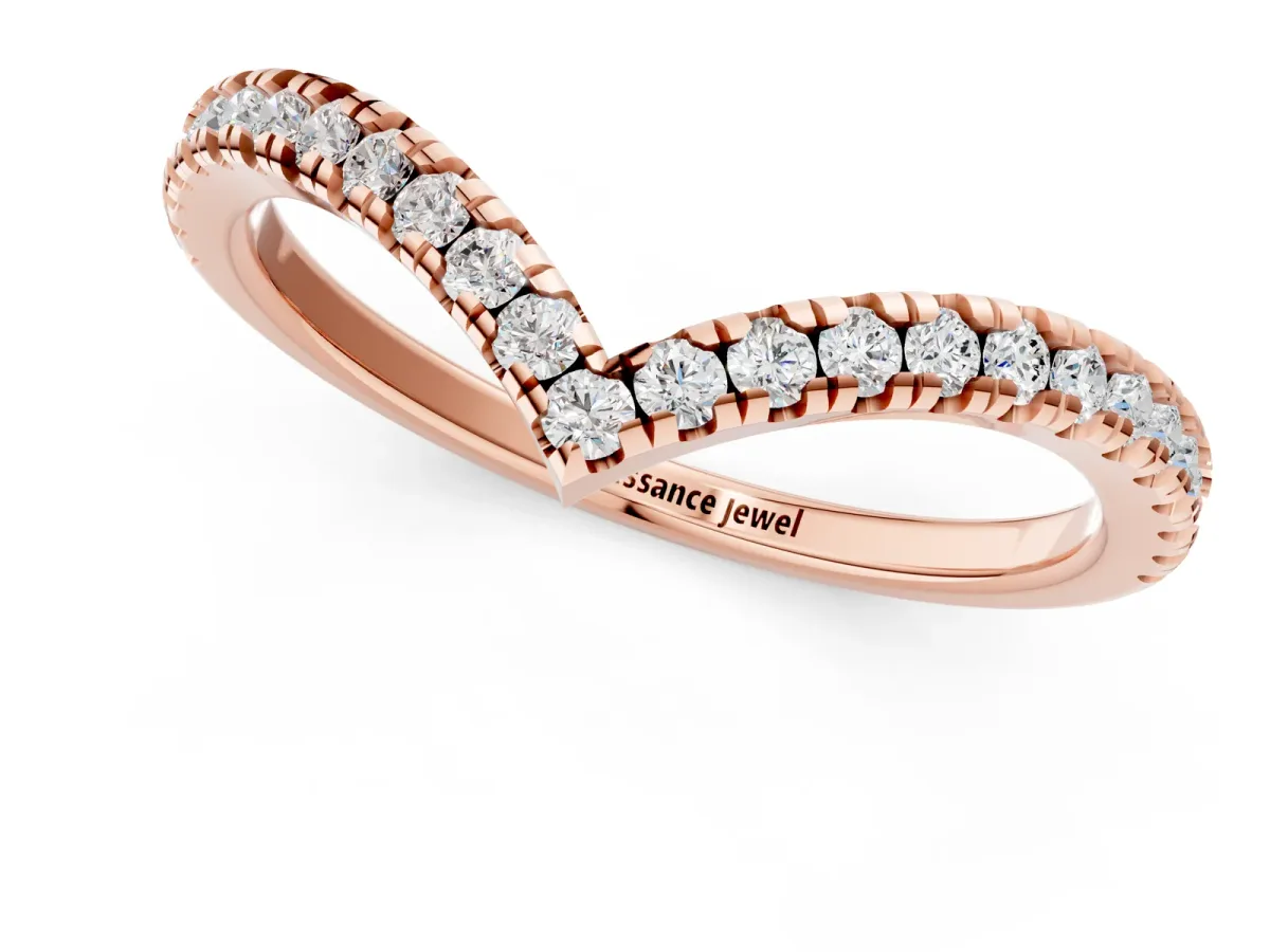 Pavé Round Diamond V-Shaped Chevron Band with Shared Prong Setting Rose gold