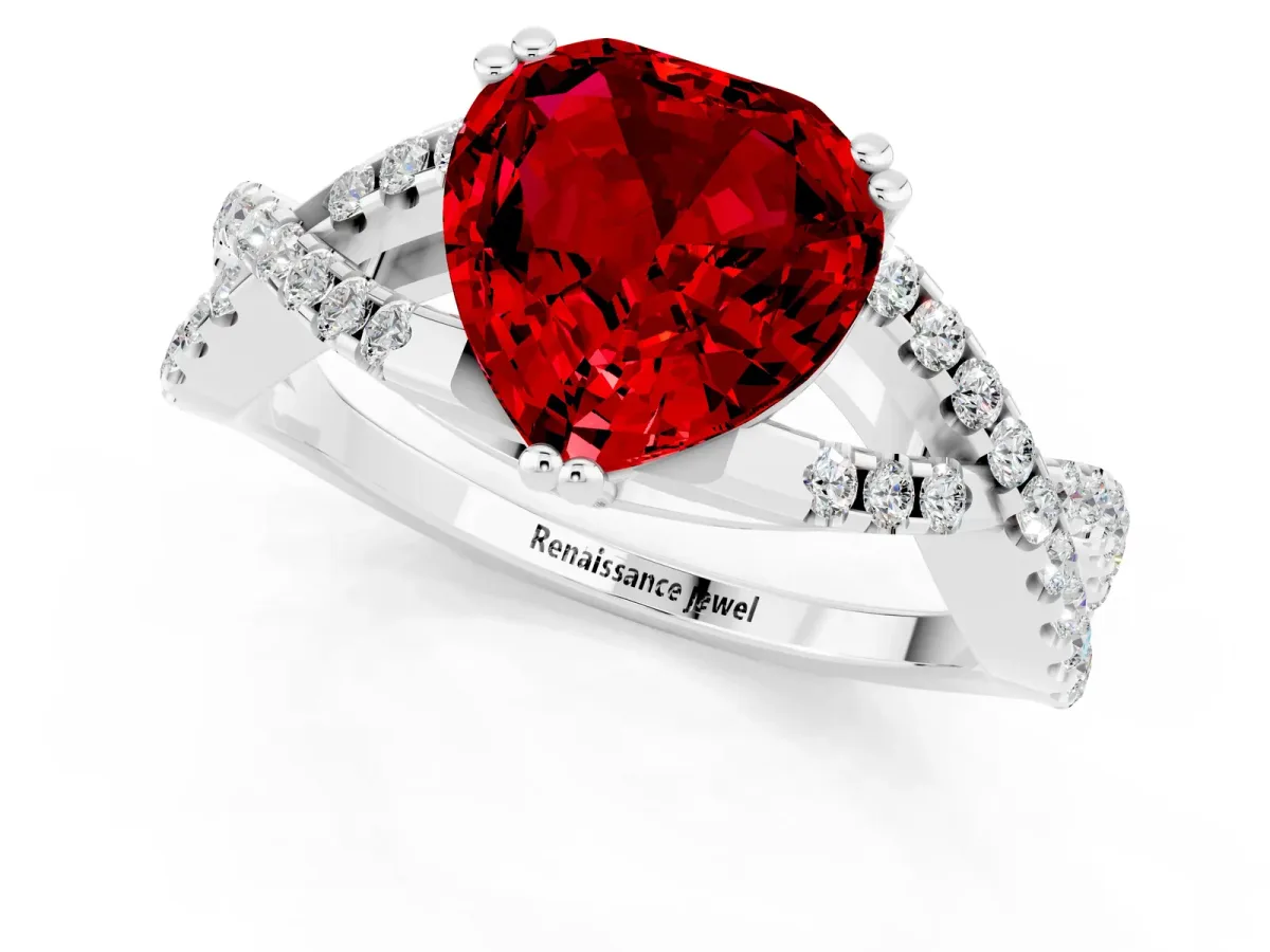 Heart Cut Ruby Solitaire Ring with Four-Prong Setting and Twisted Pavé Band Silver