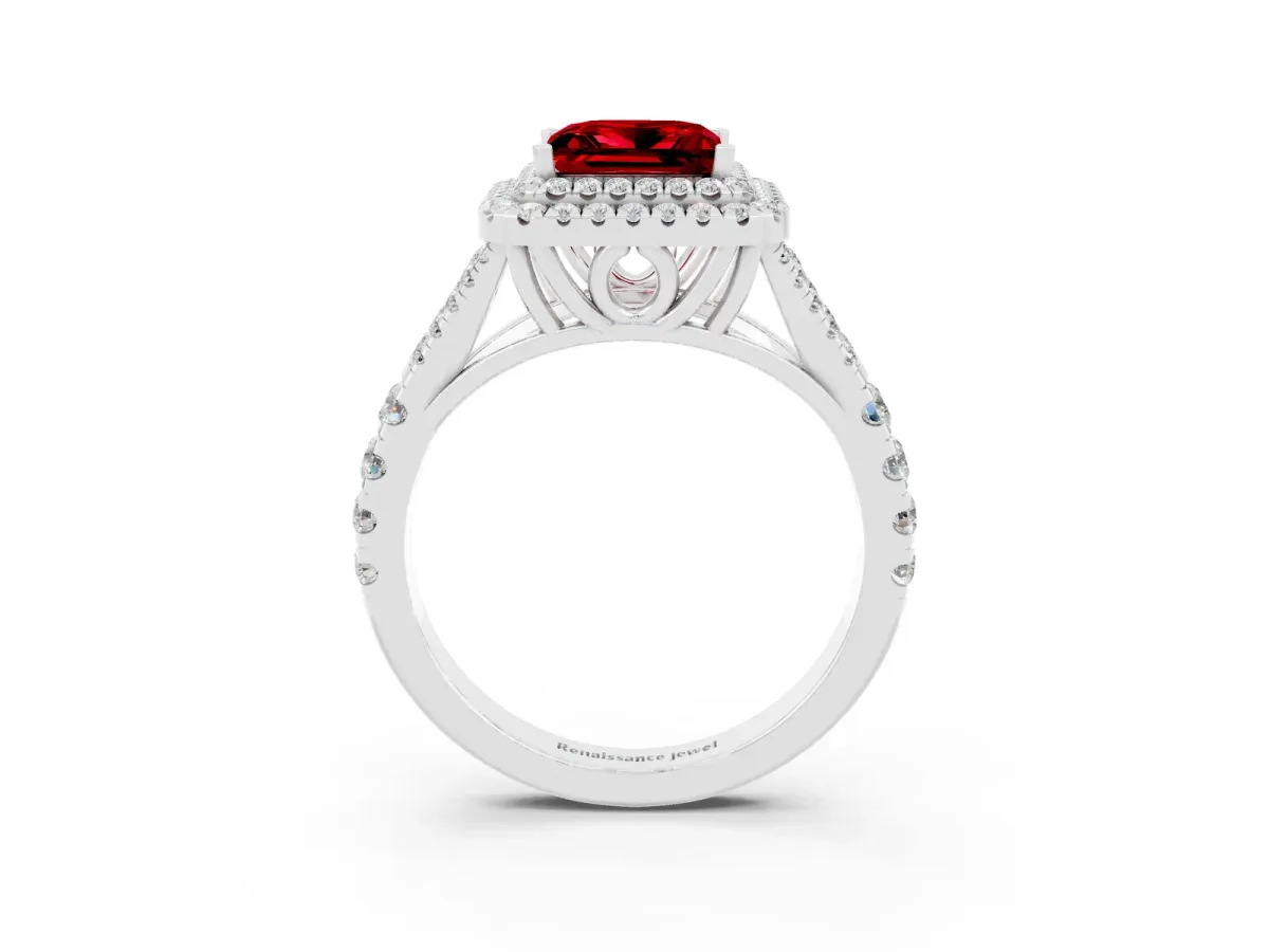 Double Halo Princess Cut Ruby Split Shank Engagement Ring with Four-Prong Setting White gold