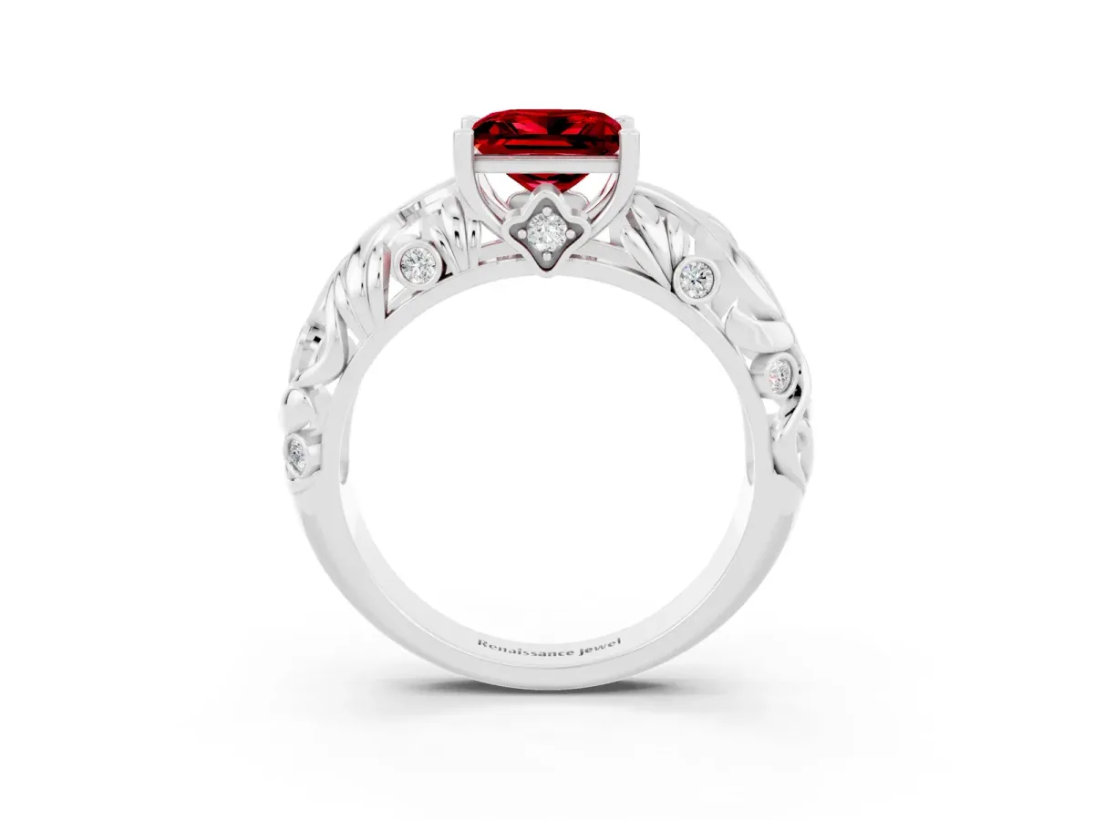 Princess Cut Solitaire Ruby Leaf-Inspired Vine Band Ring with Prong Setting White gold