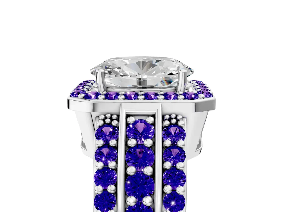 Oval Cut Halo Diamond Ring with Round Tanzanite Split Shank and Prong Setting Platinum