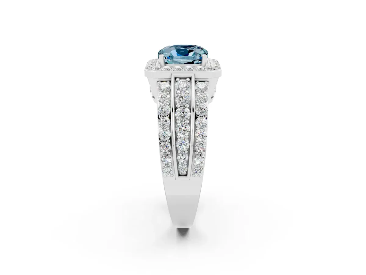 Cushion Cut Halo Aquamarine Ring with Round Split Shank and Prong Setting Silver