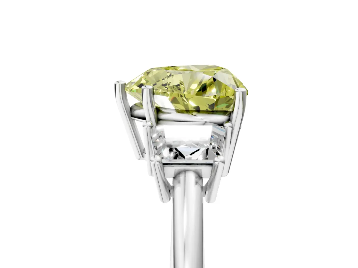 Fancy Yellow Heart Cut Diamond Three-Stone Ring with Trapezoid Side Stones and Prong Setting Silver