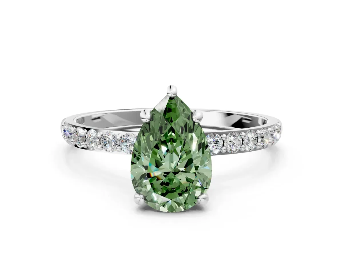 Fancy Green Pear Cut Diamond Solitaire Ring with Round Pavé Band and Prong Setting Silver
